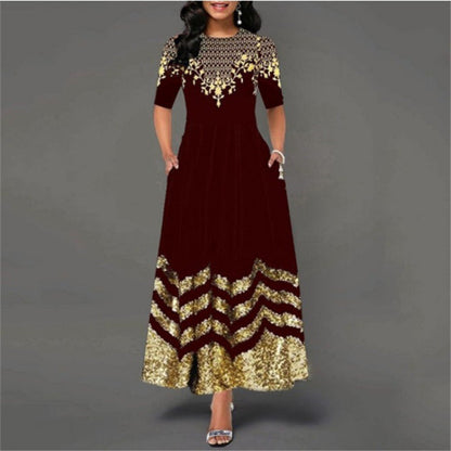 Damen Maxikleid Elegant Gold Muster Sommerkleid