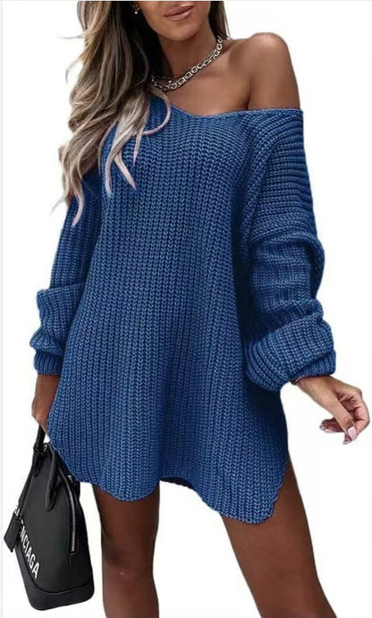 Damen Strickkleid Oversized Bequem Weite Passform