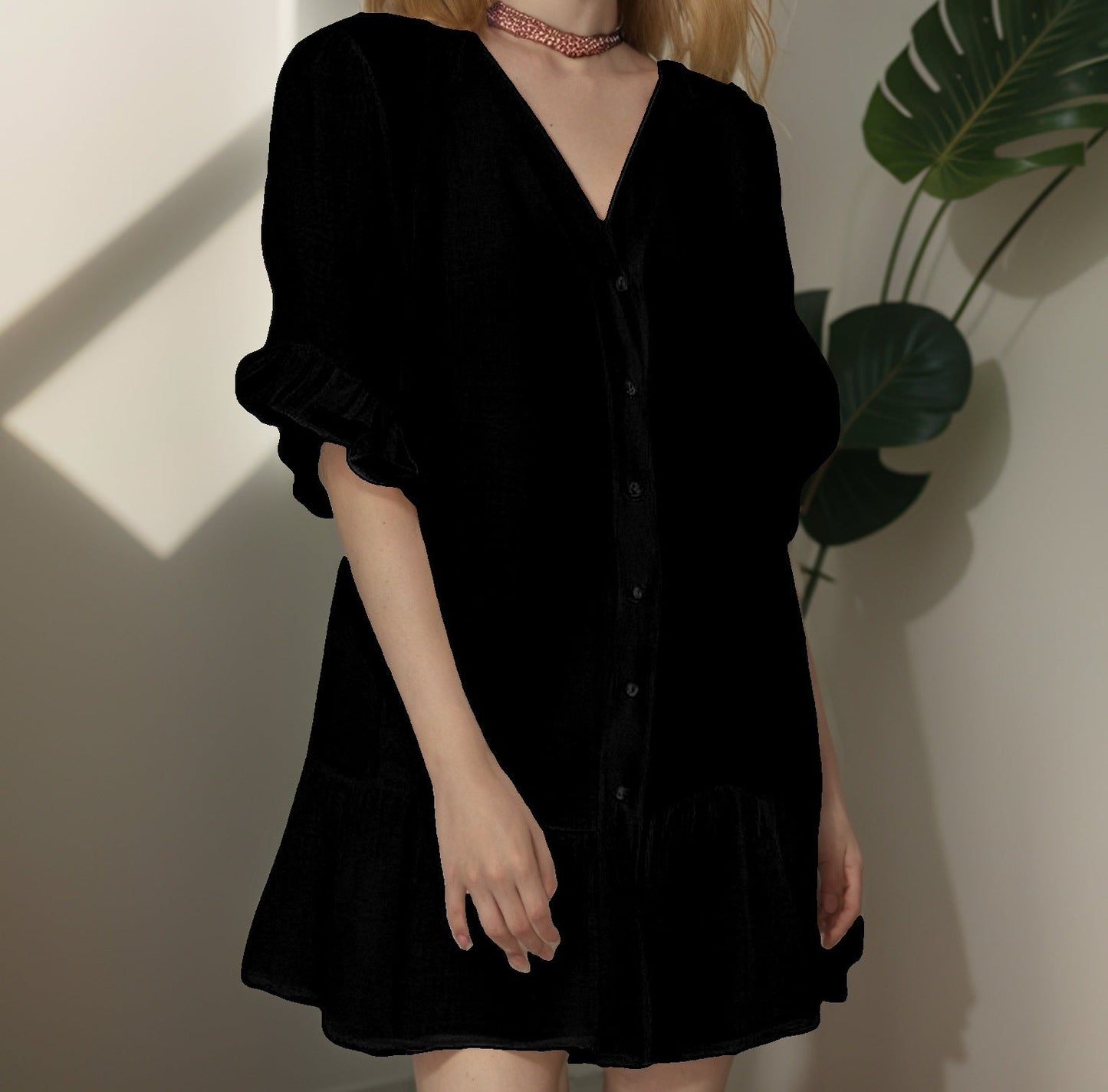 Damen Oberteil Kleid mit Puffärmeln und Rüschenabschluss