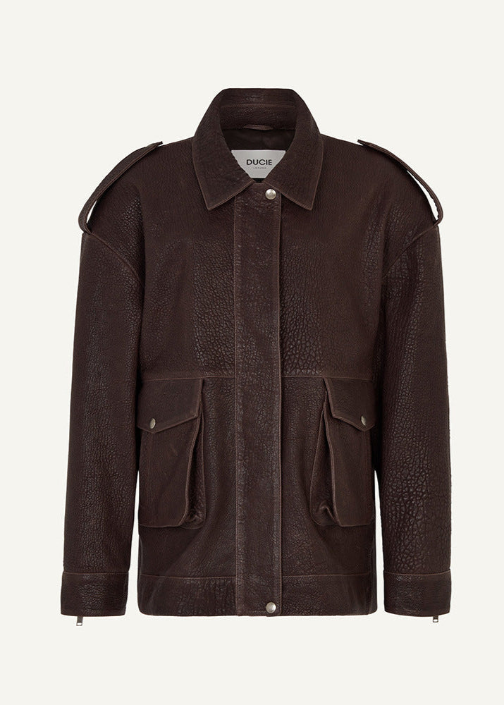Dunkelbraune Lederjacke Mitpraktischen Taschen