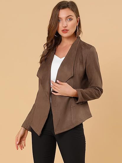 Damen Lederjacke Trendy Offener Schnitt Mit Taschen