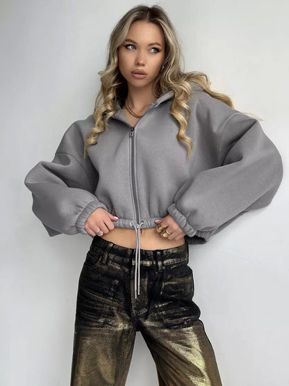 Damen Sportliche Cropped Hoodie Mit Reißverschluss