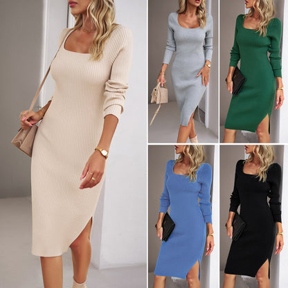 Elegantes Damen Strickkleid Rundhals Langärmlig Figurformend - IdealeKleiden