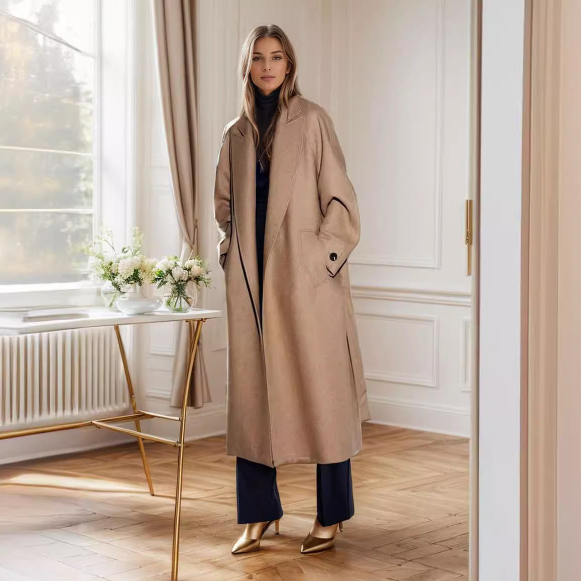 Damen Wollmantel Elegant Weit Ärmel Gürtel - IdealeKleiden