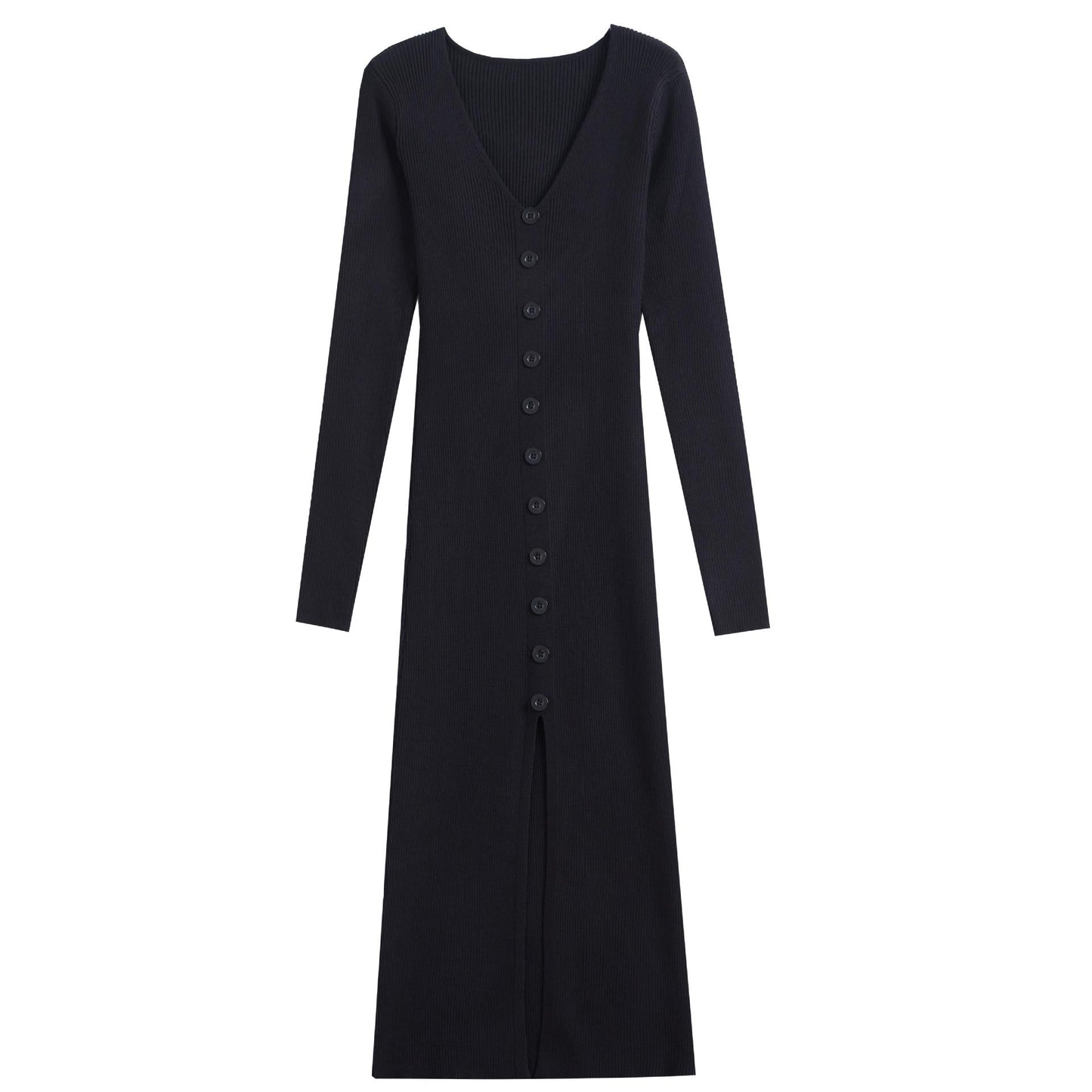 Damen Maxikleid Langarm Rippmuster Elegant Knopfdesign