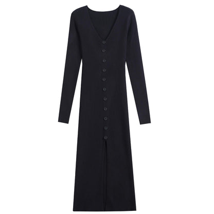 Damen Maxikleid Langarm Rippmuster Elegant Knopfdesign