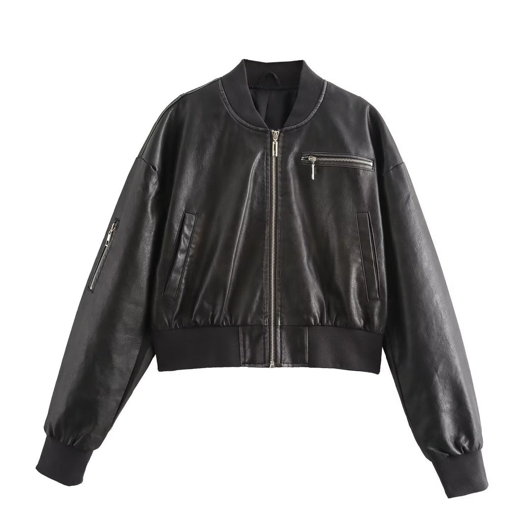 Leder Bomberjacke Damen Trendy Schwarz