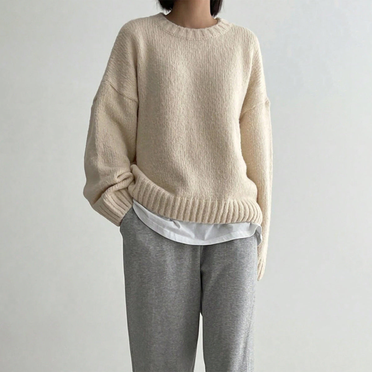 Damen Strickpullover Oversized Rundhals Herbstmode