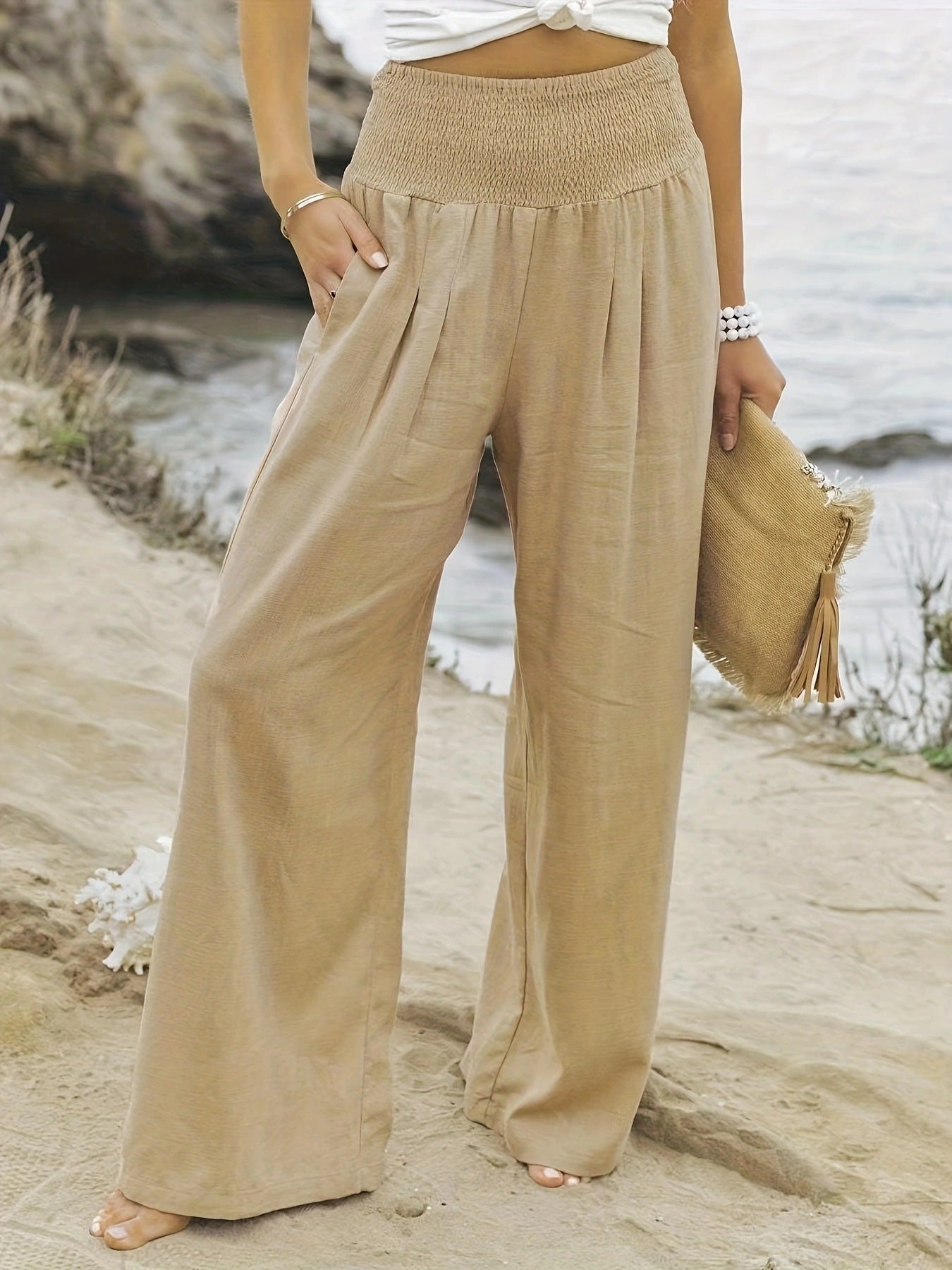 Damen Leinenhose Weit Bequem Faltenrock Effekt