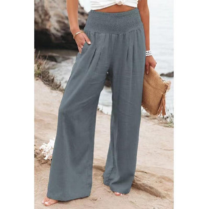 Damen Leinenhose Weit Bequem Falten Detail