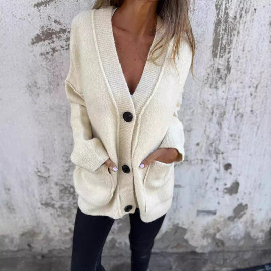Damen Strickjacke Weich Große Taschen Knöpfe - IdealeKleiden