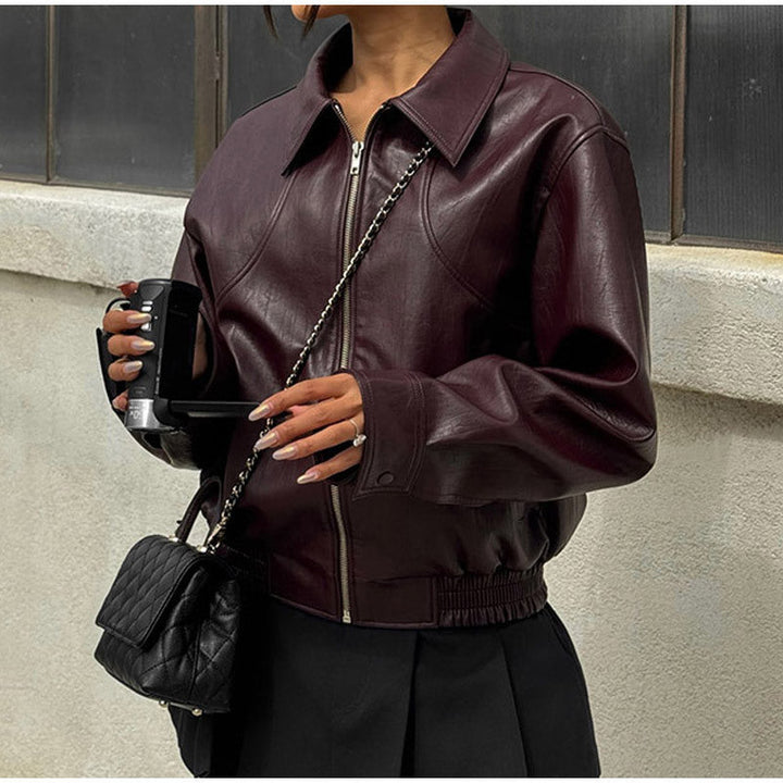 Damen Lederjacke Trendy Schmal Kragen