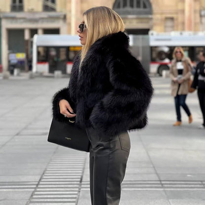 Oversized Pelzjacke Kurz Design Schal Kragen - IdealeKleiden