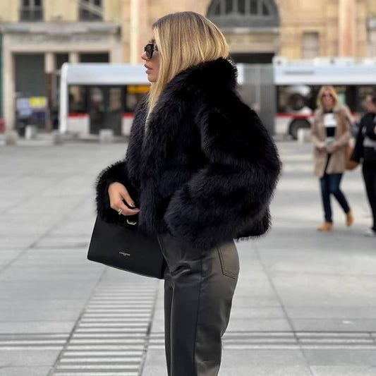 Oversized Pelzjacke Kurz Design Schal Kragen - IdealeKleiden