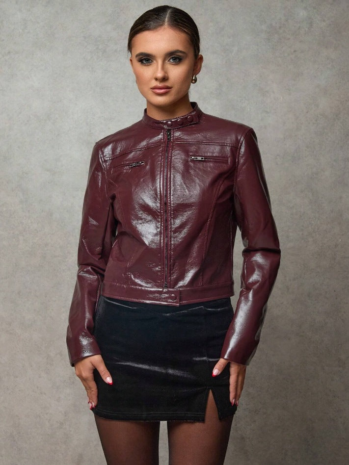 Damen Lederjacke Kurz Asymmetrisch Chic Style