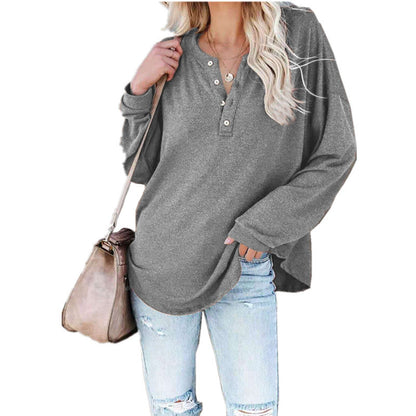 Damen Langarmshirt Lässig Knopf Detail Oberteil