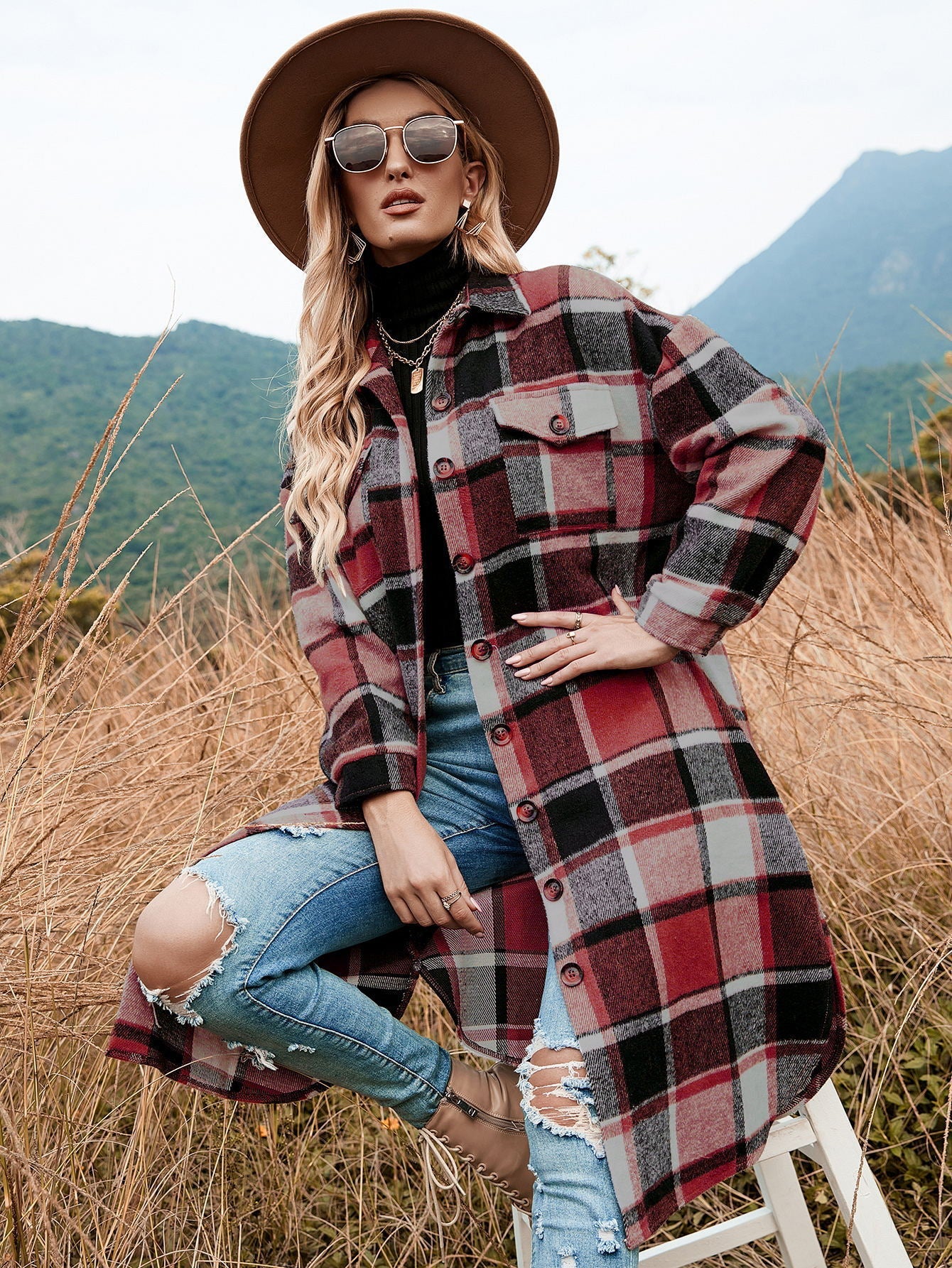 Damen Flanell Kleid Karo Muster Winterlich
