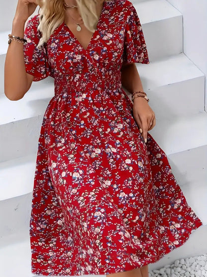 Frauen Wickelkleid Blumenmuster V-Ausschnitt Sommerkleid