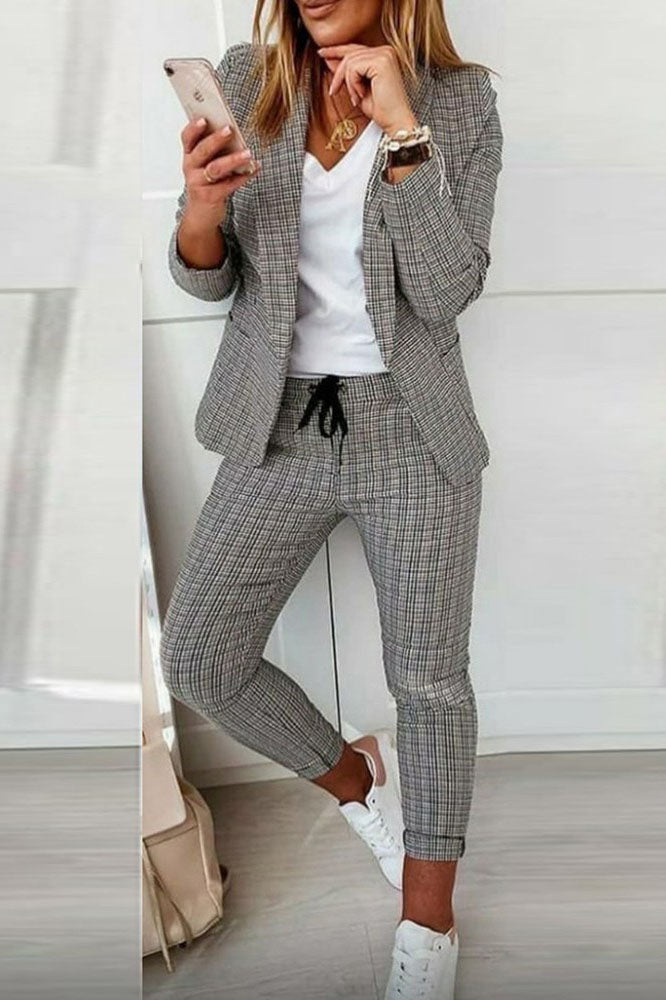 Karo Blazer Mantel &amp; Kordelzughose Set