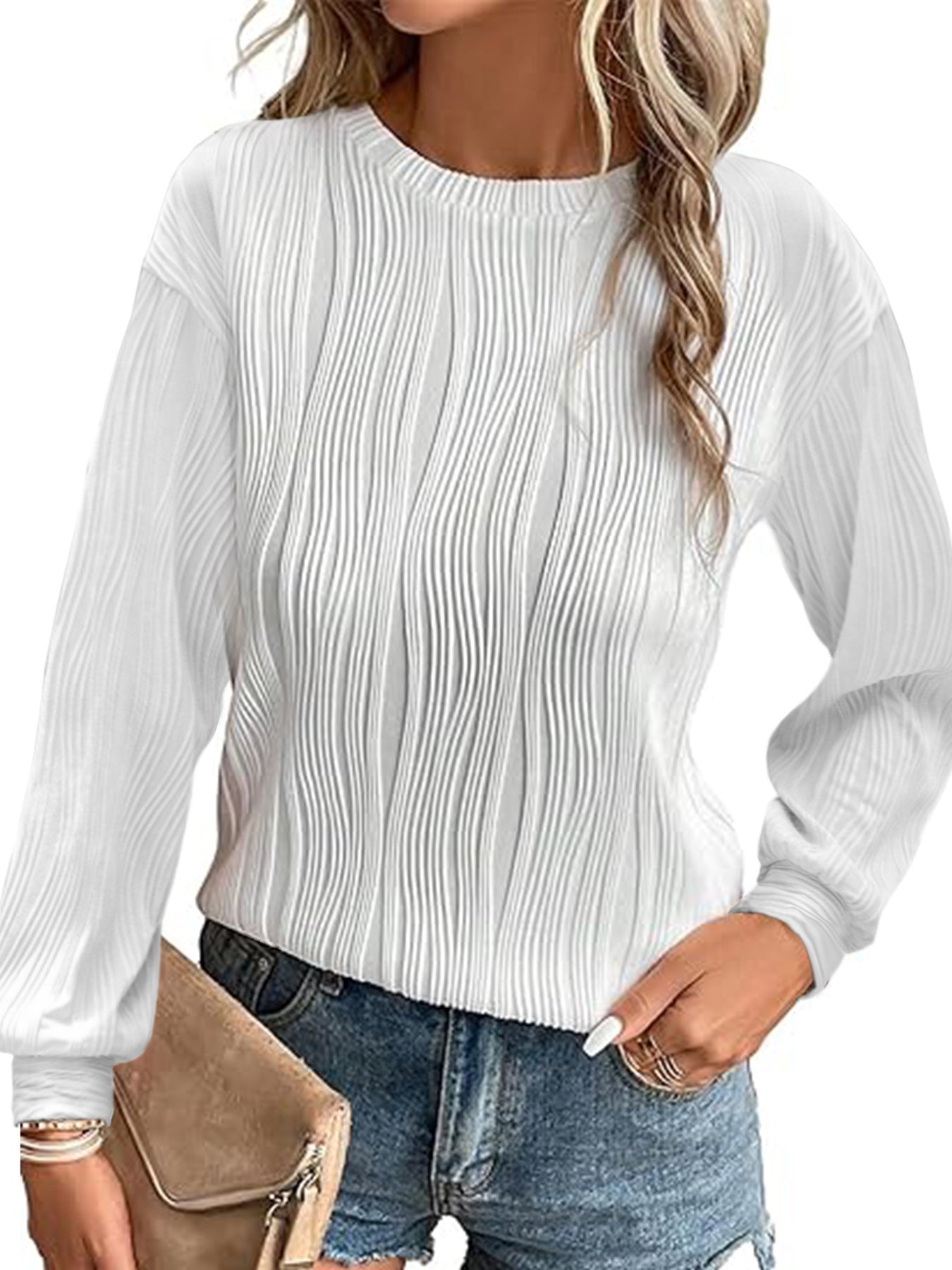Damen Plisseepullover Langarm Elegant