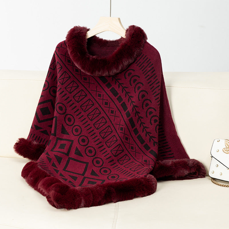 Damen Poncho Elegant Kunstfell Kragen Trendy