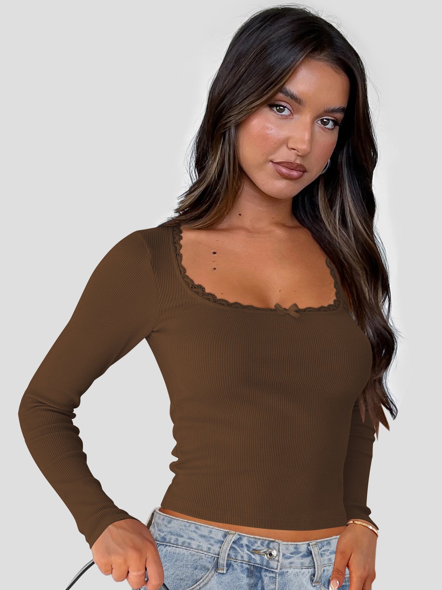 Damen Oberteil Langarm Spitze Elegant