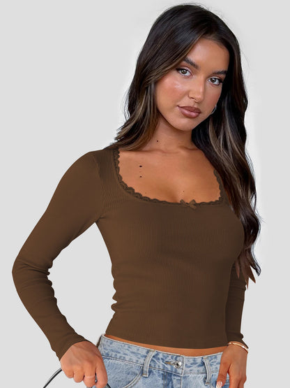 Damen Oberteil Langarm Spitze Elegant