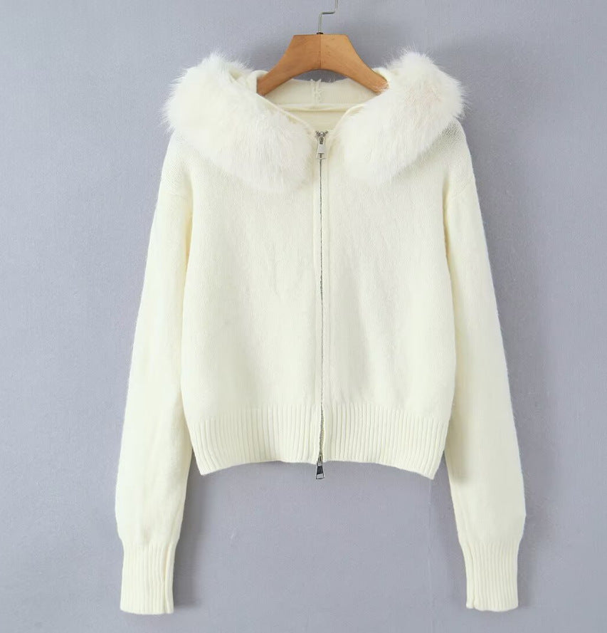 Damen Strickjacke Luxus Kunstfell Kragen Reißverschluss