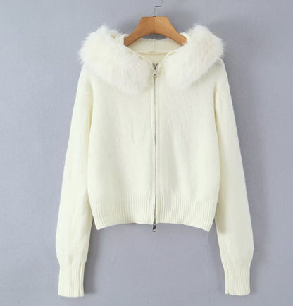 Damen Strickjacke Luxus Kunstfell Kragen Reißverschluss