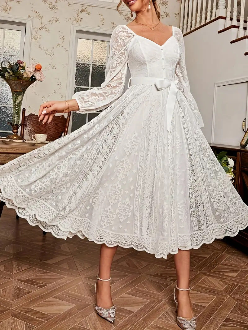 Damen Kleid Elegant Spitze Puffärmel Taillenkleid