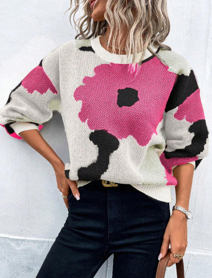 Gemusterte Strickpulli Lockere Passform Rundhals