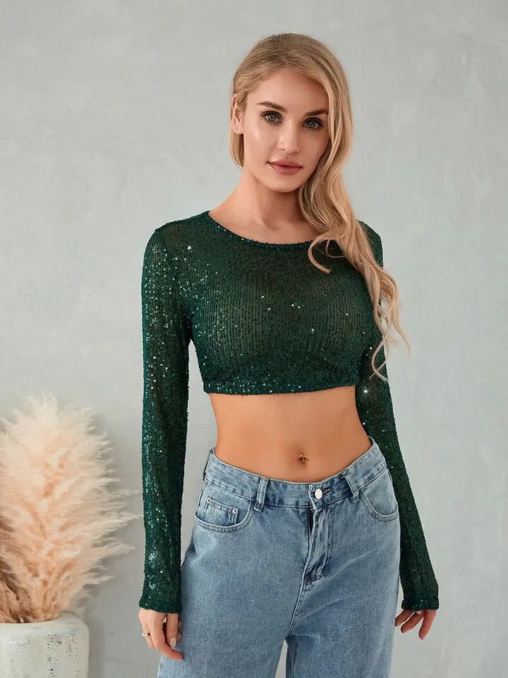 Damen Glitzer Top Langarm mit Pailletten Elegant Abendkleid