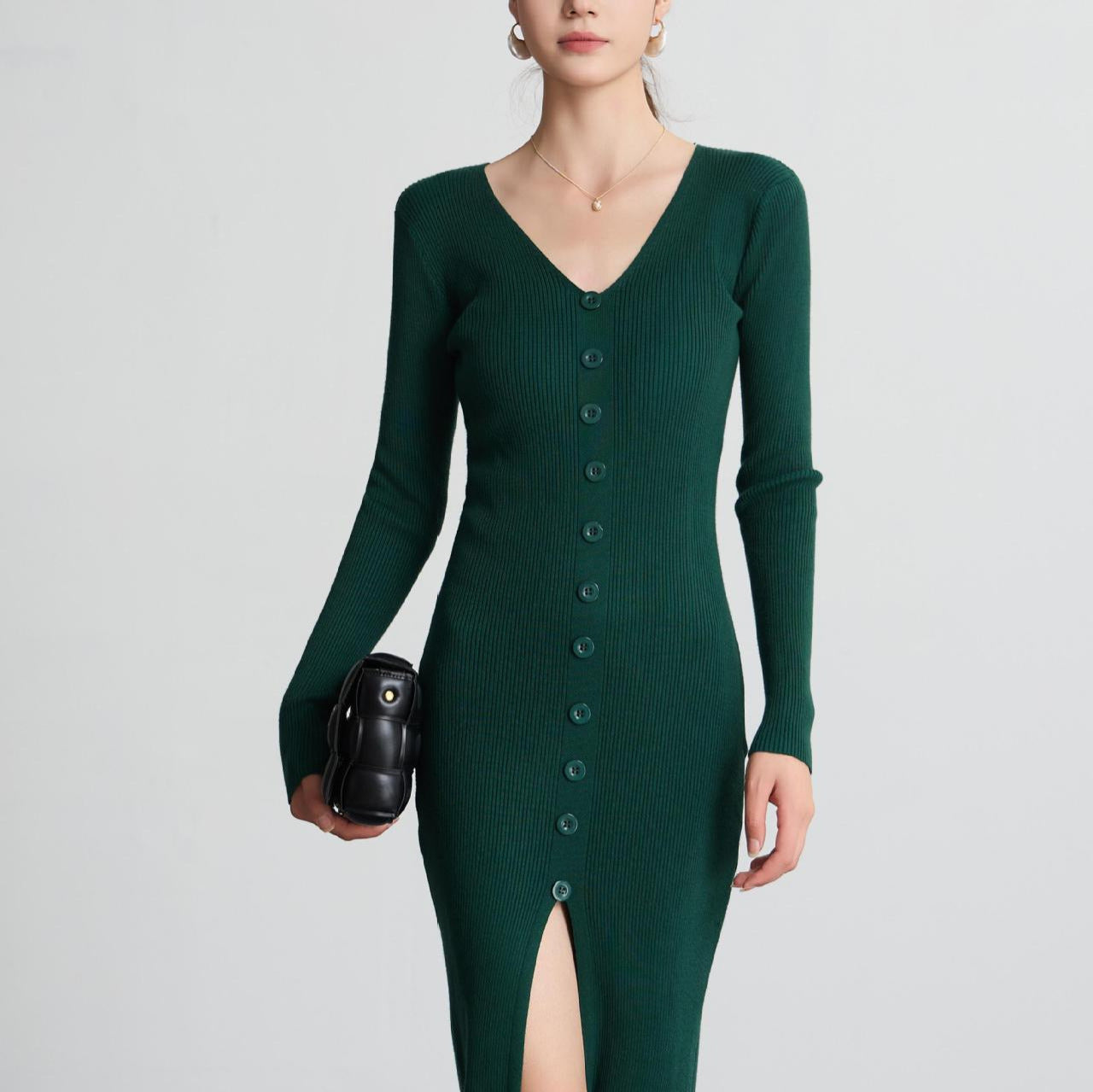 Damen Maxikleid Langarm Rippmuster Elegant Knopfdesign - IdealeKleiden