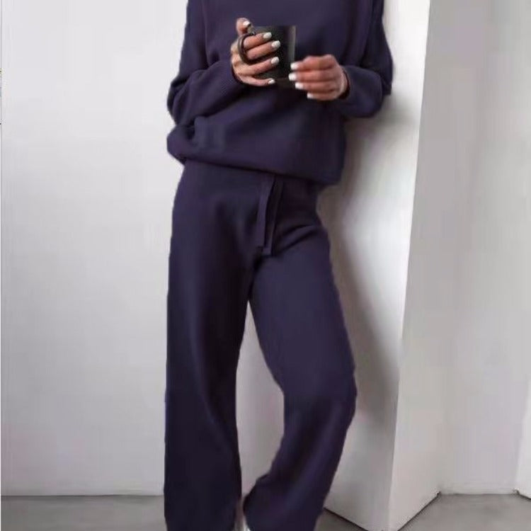 Damen Strickanzug Weite Hose Eleganter Rundhals