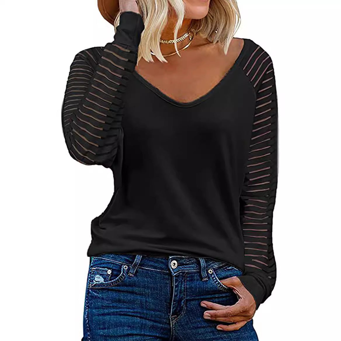 Damen Oberteil Langarm V-Ausschnitt Streifen Ärmel Trendy