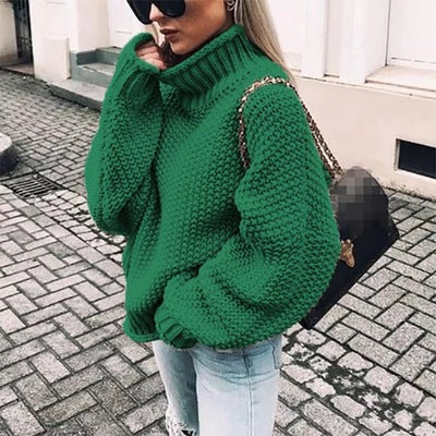 Damen Pullover Grobstrick Stehkragen Oversized Ärmel