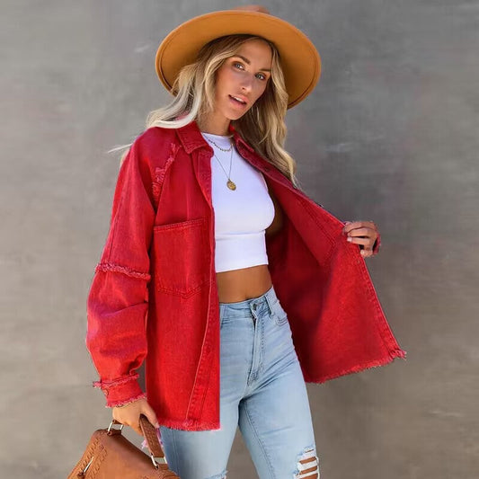 Damen Jeansjacke Lässig Vintage Style Fransen - IdealeKleiden