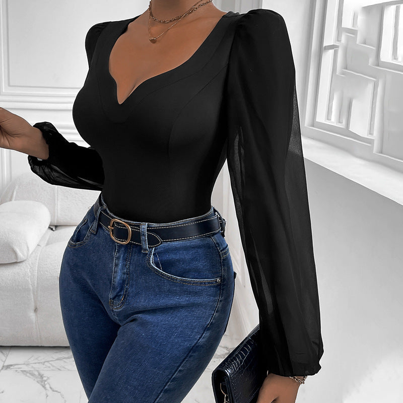 Damen Body Romantisch Puffärmel V-Ausschnitt