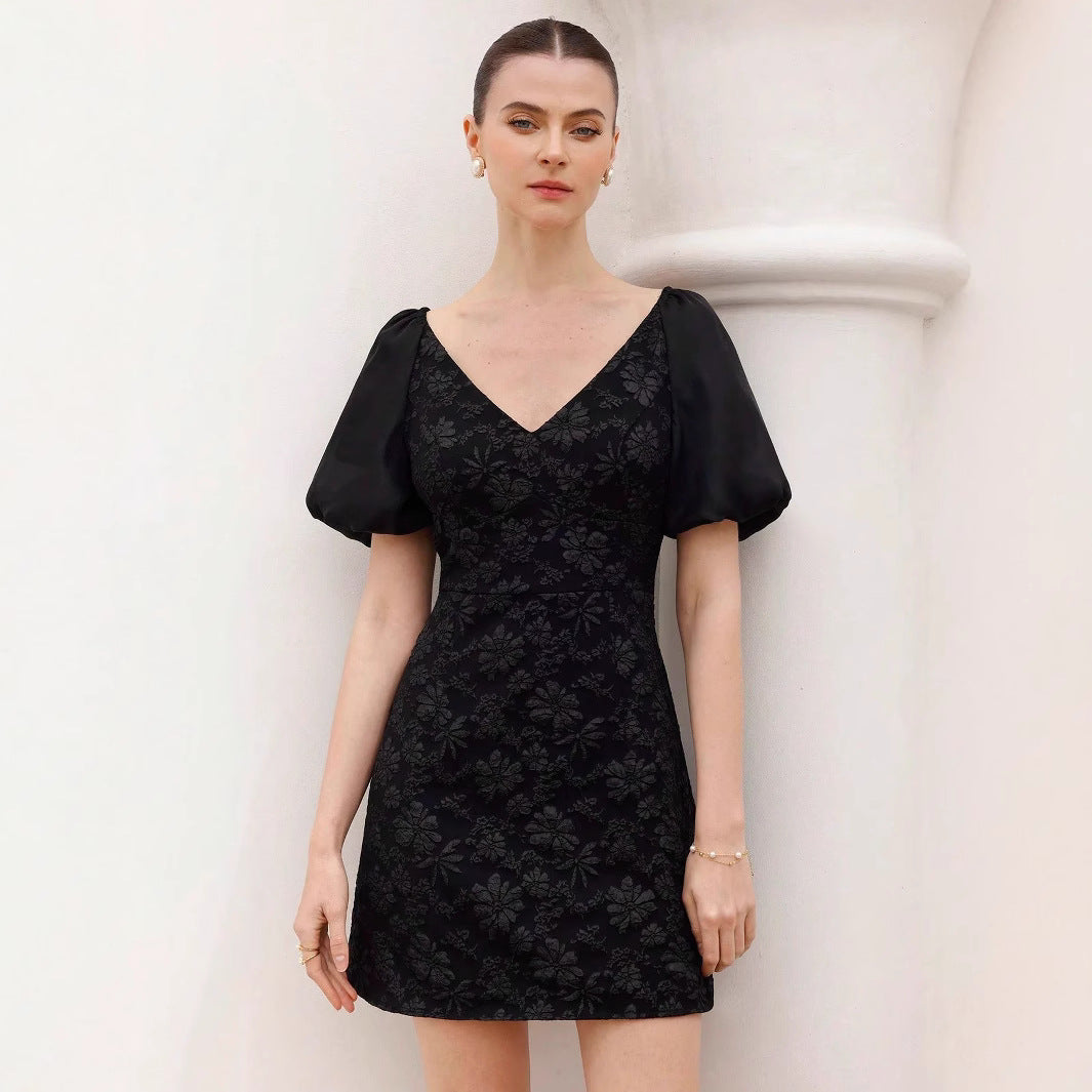 Kurzes Damenkleid Puffärmel Blumenmuster
