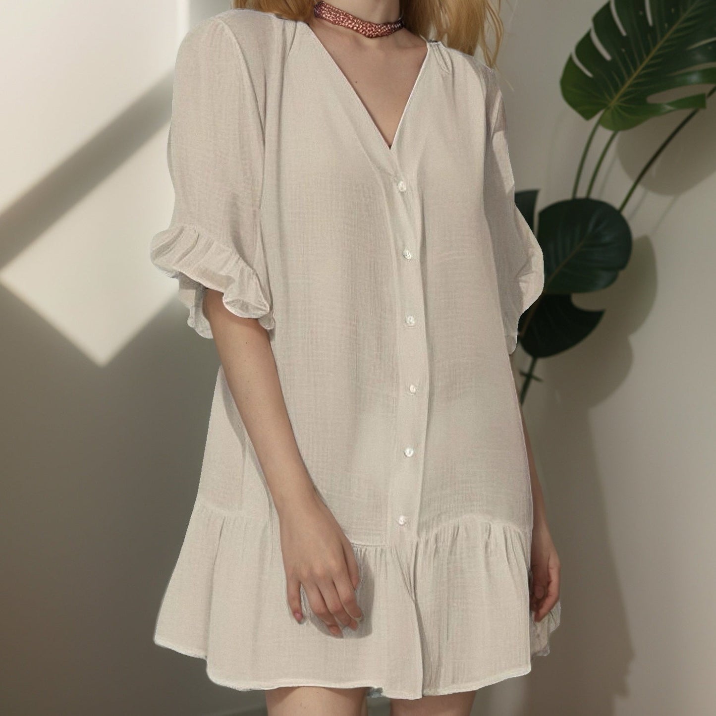 Damen Oberteil Kleid mit Puffärmeln und Rüschenabschluss - IdealeKleiden