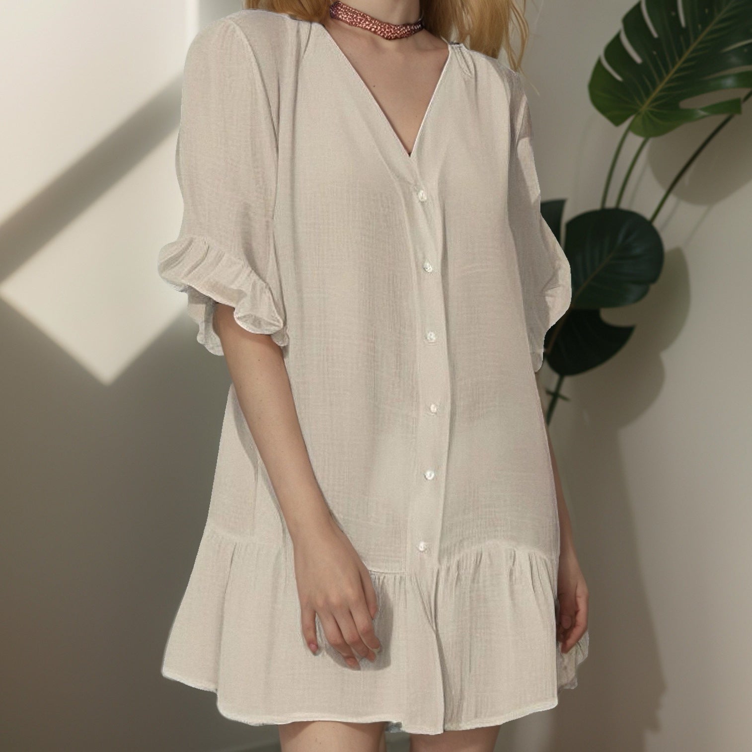 Damen Oberteil Kleid mit Puffärmeln und Rüschenabschluss - IdealeKleiden
