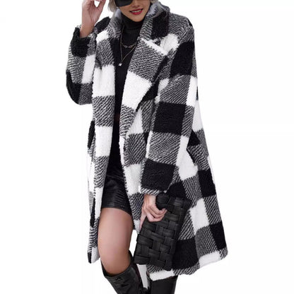 Langer Oversized Mantel Weich Sherpa Kariert Wickelkragen