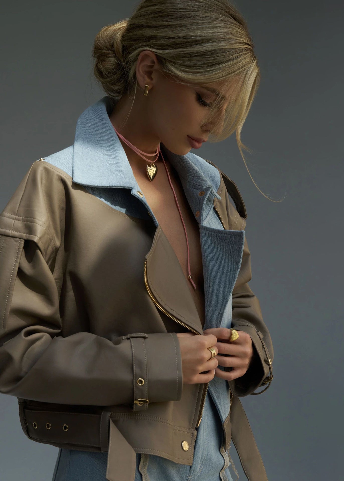 Stylische Lederjacke Zweifarbig Modern
