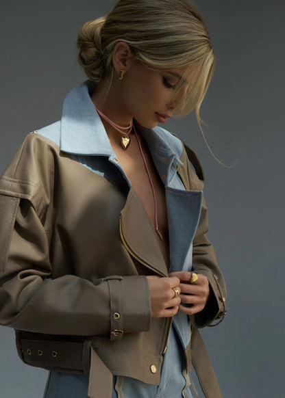 Stylische Lederjacke Zweifarbig Modern
