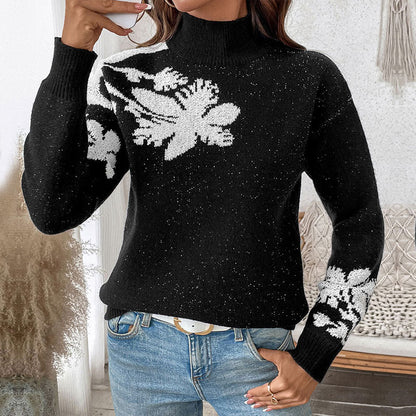 Damen Pullover Blumenmuster Hochkragen Elegant