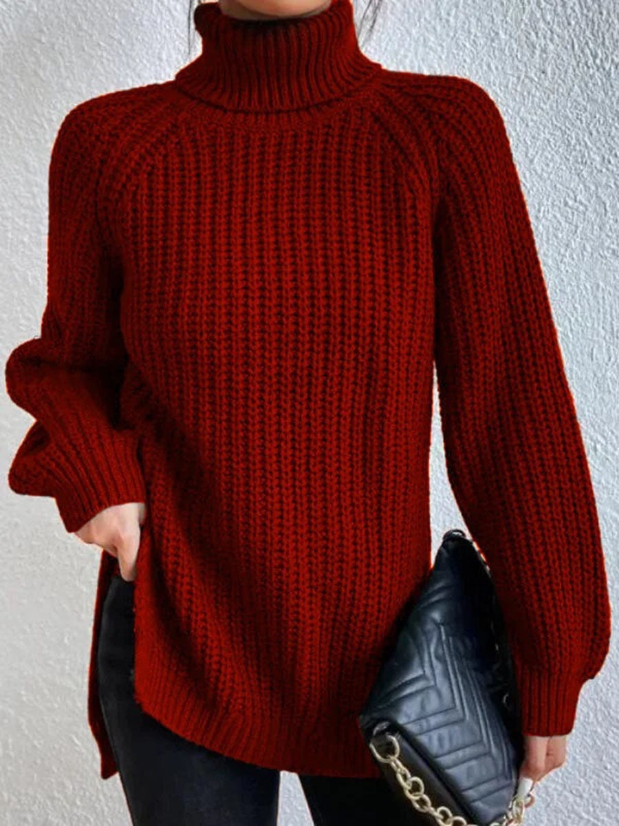 Damen Strickpullover Hochkragen Wabenmuster Eleganz