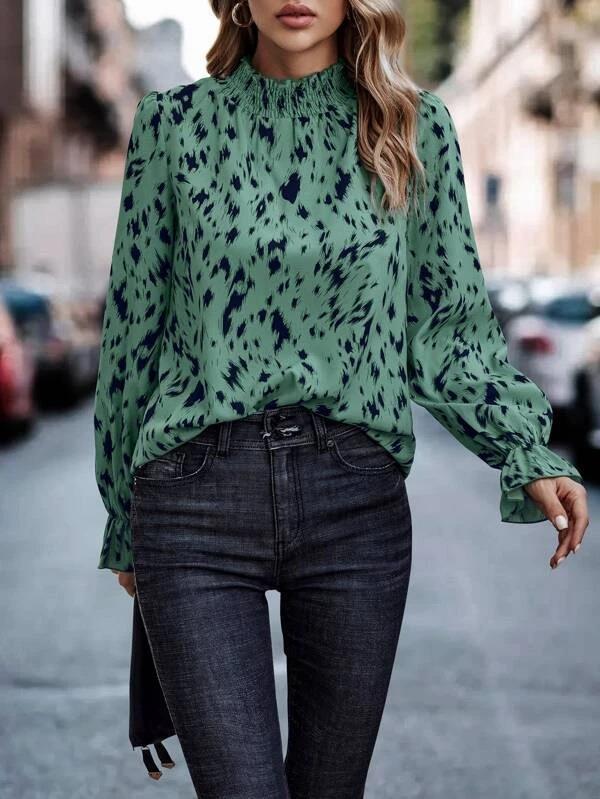 Damen Bluse Elegant Tiermuster Rüschenkragen