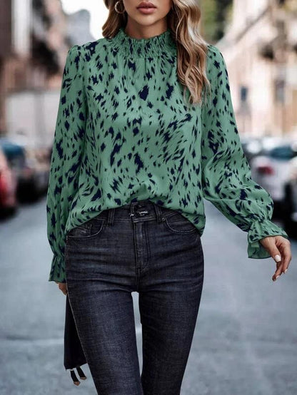 Damen Bluse Elegant Tiermuster Rüschenkragen