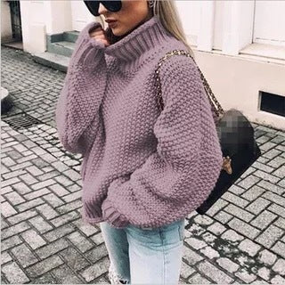 Damen Pullover Grobstrick Stehkragen Oversized Ärmel