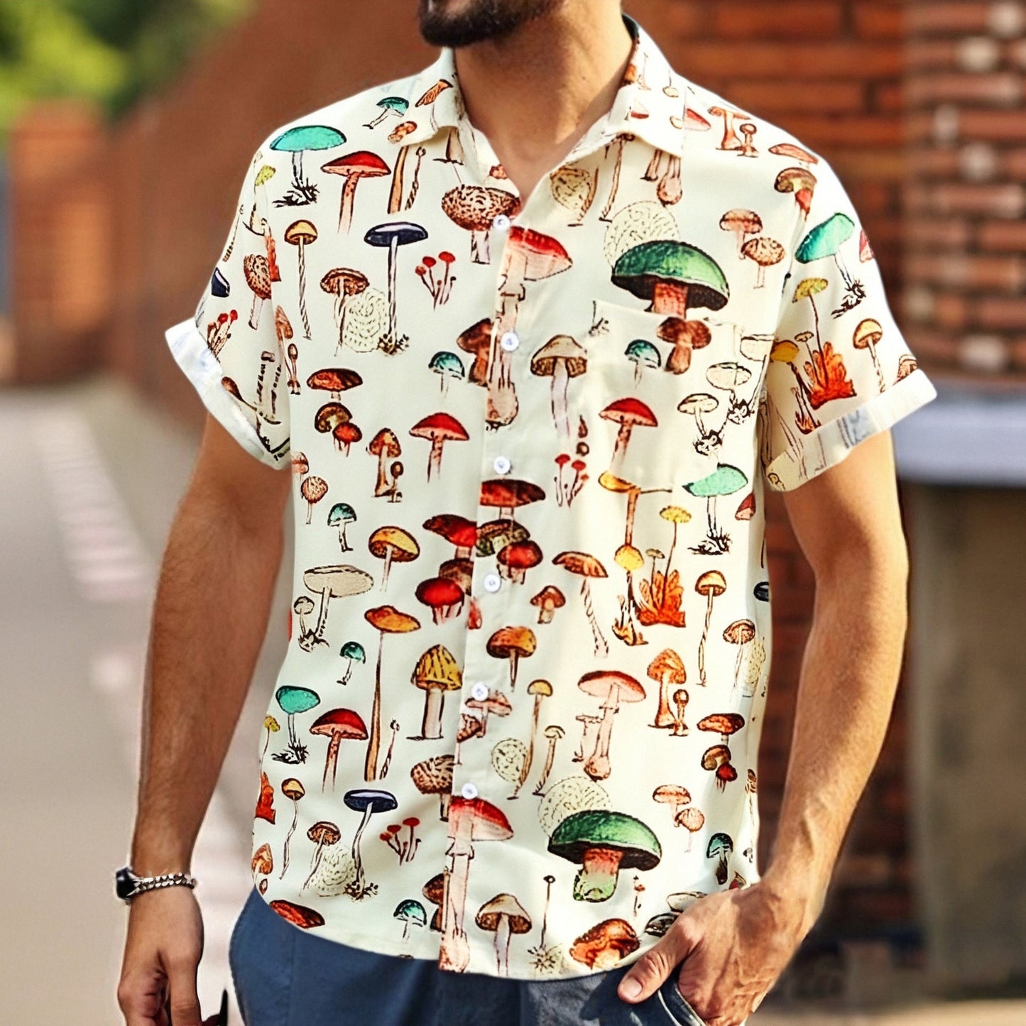 Herren T-Shirt Sommer Pilzmuster Atmungsaktiv